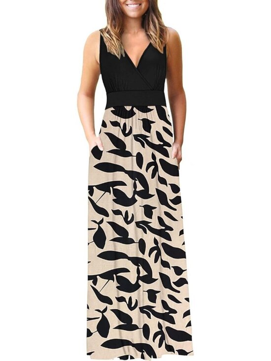 Dresses & Skirts - Women's Black Leave Sleeveless Formal V Neck Loose Cocktail Long Maxi Dress